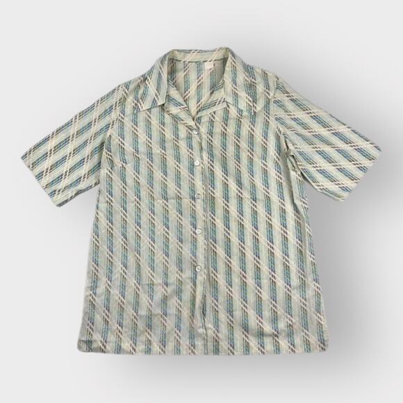 Vintage 70s Button Down Short Sleeve Shirt Size L Cream Brown Green Blue - Picture 1 of 4